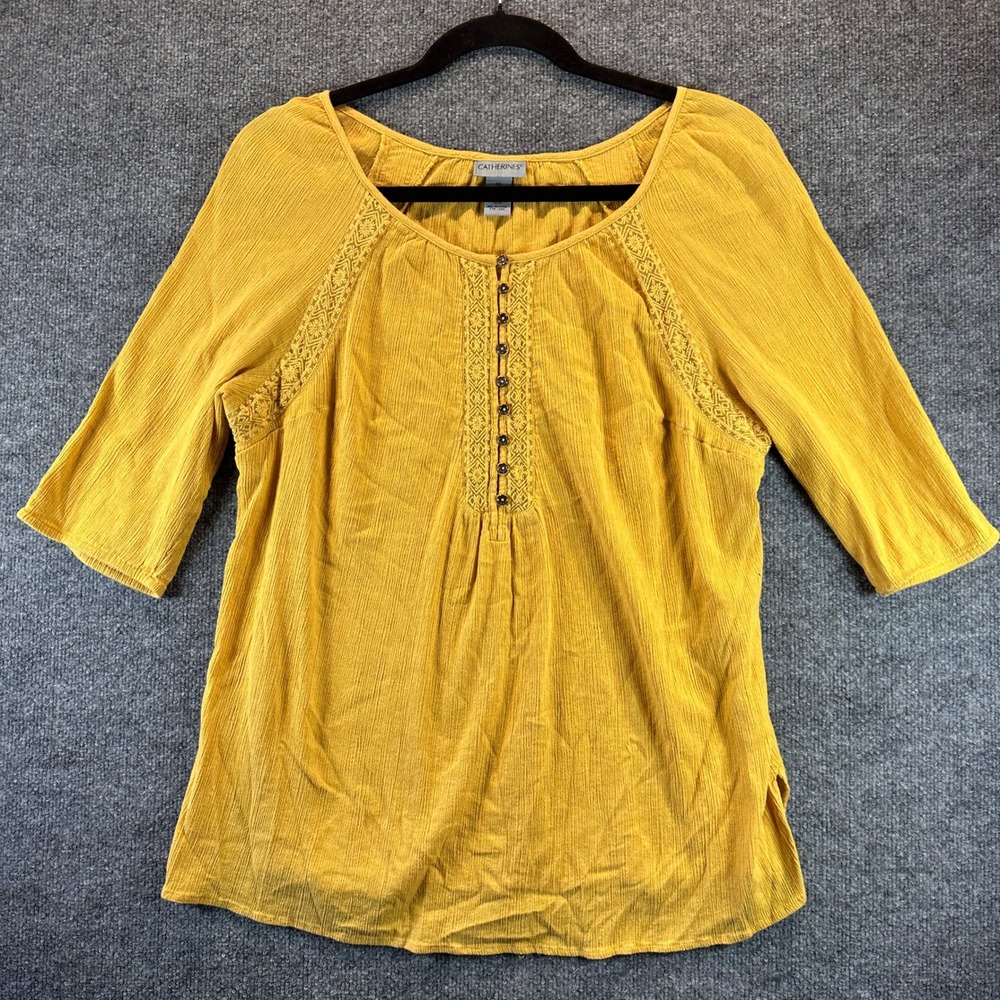 Catherines 0X Mustard Yellow Embroidered 100% Cotton Gauze Peasant Top Bohemian